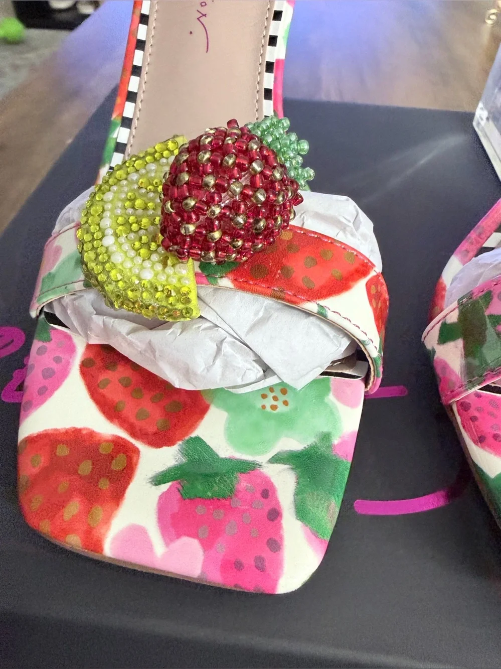 Betsey Johnson Pink Floral Beaded Fruit Ankle-Strap Heels - Picture 5 of 7